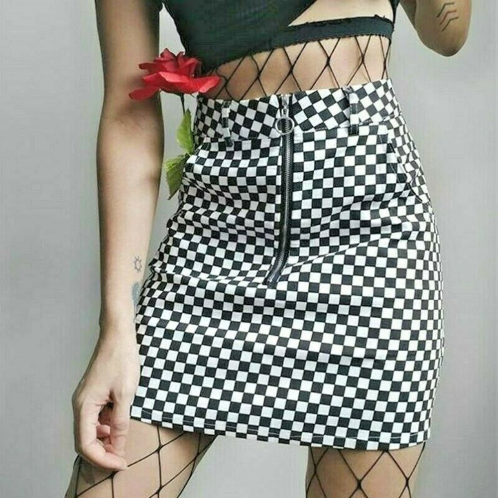 Checkerboard Gothic A-Line Fitted Checkered Skirt